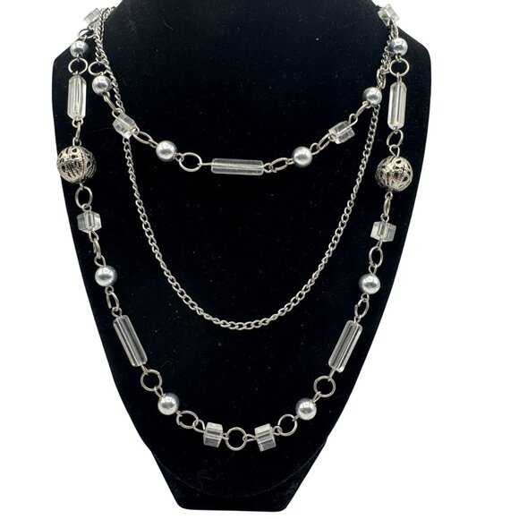 Silver Multi-Strand Chunky Chain Link Necklace Beaded Statement Jewelry - Picture 2 of 4